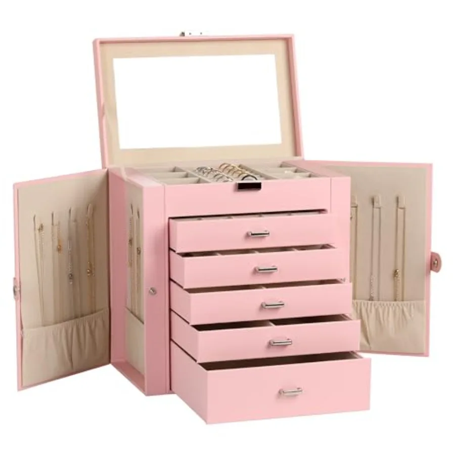 

Large Jewelry Box6-Tier PU Leather Jewelry Organizer Multi-functional Storage Case with Mirror Accessories Holder with 5 Drawer
