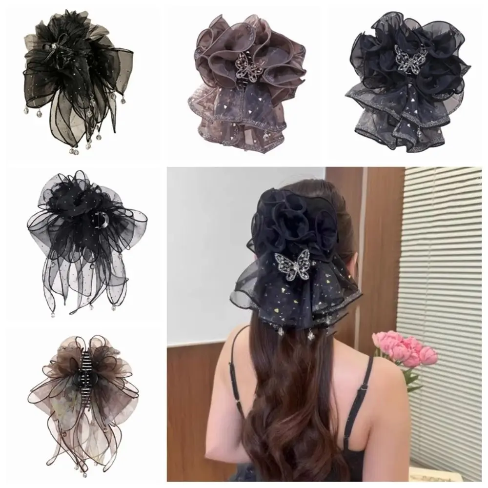 

Large Bow Hair Claw Clips Gold Foil Ruffle Design Large Aesthetic Hair Clips Retro Ribbon Light Luxury Women Shark Clip