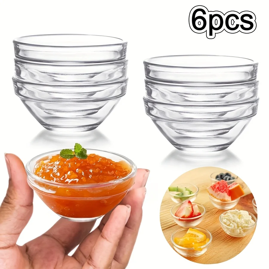 Juego de 6 Tazones de Vidrio Transparente para Salsas, Mini Tazones Resistentes al Calor para Servir Salsas, Condimentos, Especias, Tazones Redondos Pequeños para Salsa de Soya
