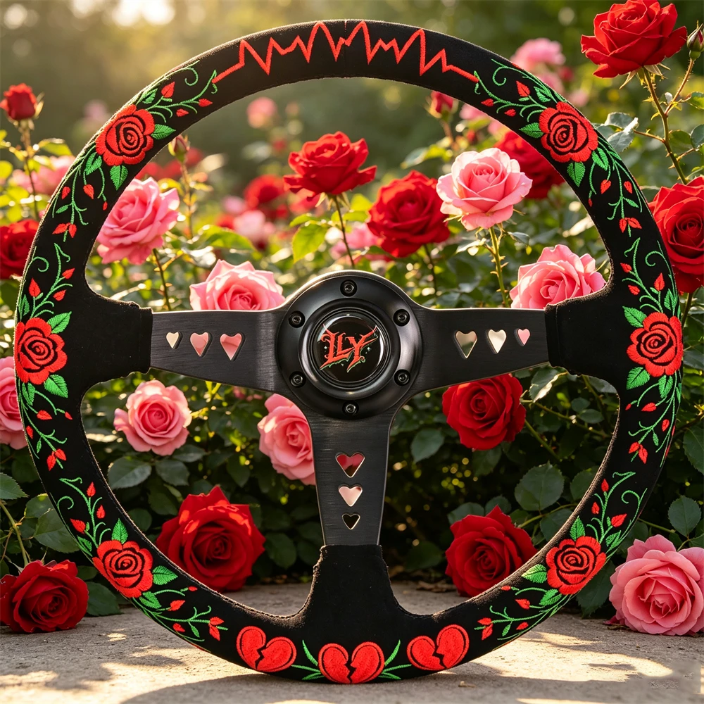 LY 350mm 14inch Heart-Shaped Bracket Rose Embroidery Suede Racing Steering Wheel