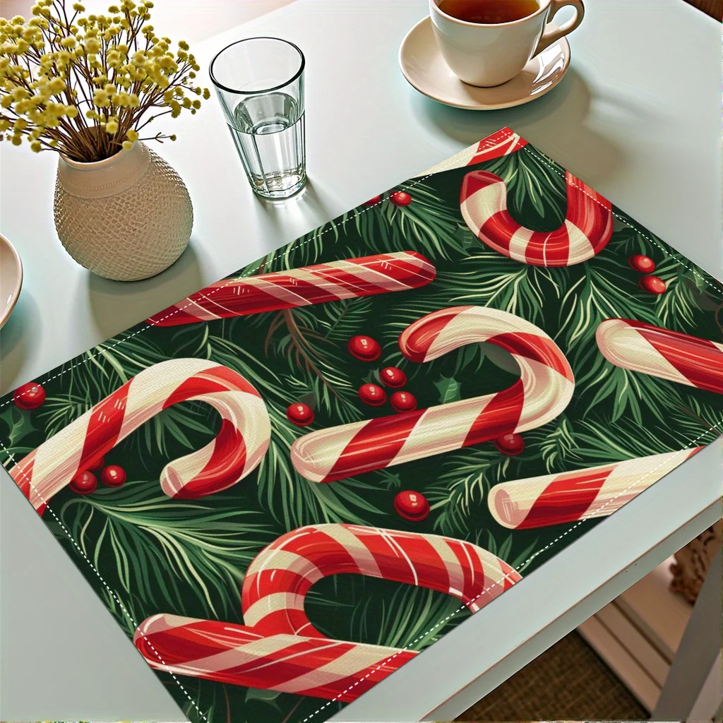 Set of 4pcs Christmas Placemats,Featuring Red and White Candy Cane and Holly Patterns, Perfect for Holiday Use