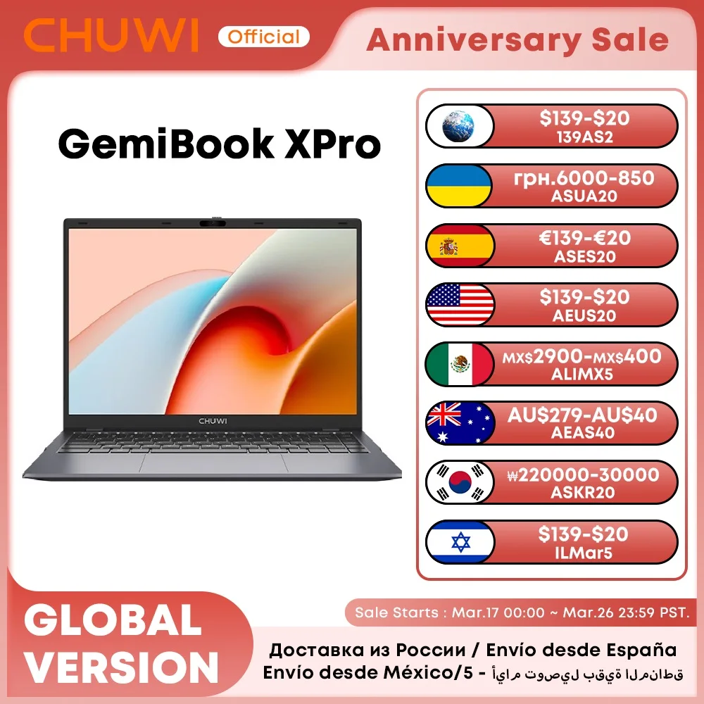 كمبيوتر محمول CHUWI GemiBook XPro Intel N100 بذاكرة وصول عشوائي 8 جيجابايت وذاكرة وصول عشوائي 256 جيجابايت SSD وشاشة UHD مقاس 14.1 بوصة معالجات Intel N100 معالجات Windows 11 للكمبيوتر المحمول