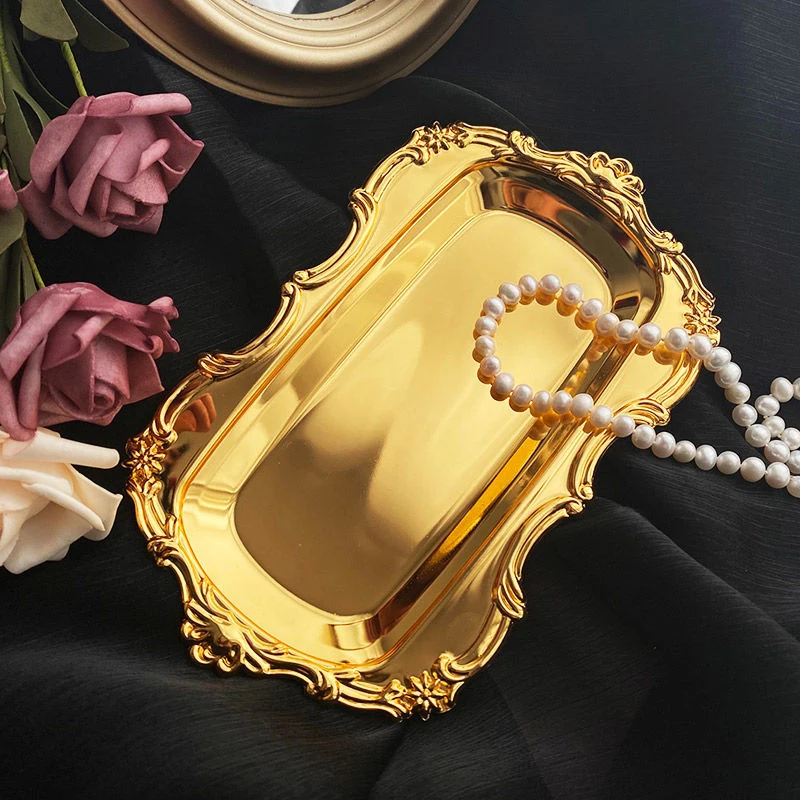 Luxury Metal Storage Tray Jewelry Display Plate Earrings Ring Tray Home Wedding Party Fruit Dessert Cake Tray Desktop Decor