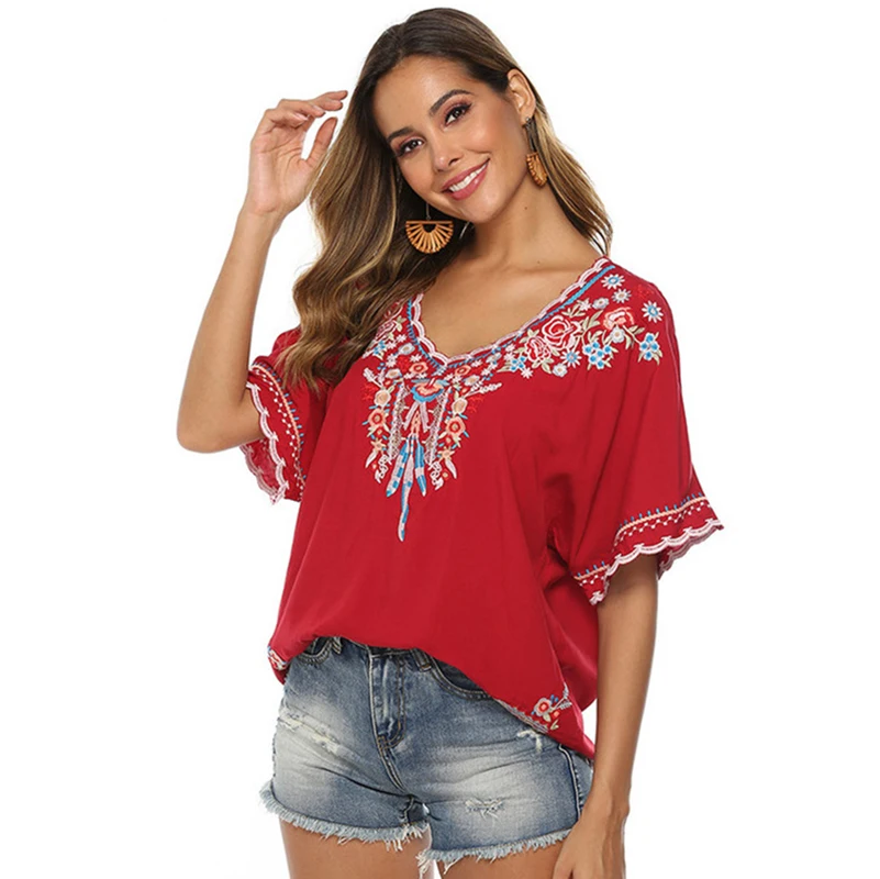 Le Luz Red Floral Embroidery Blouses Shirt Cotton Boho Hippie Mexican Shirt Short Sleeve Women 23xl Ethnic Hippie Shirt 2022