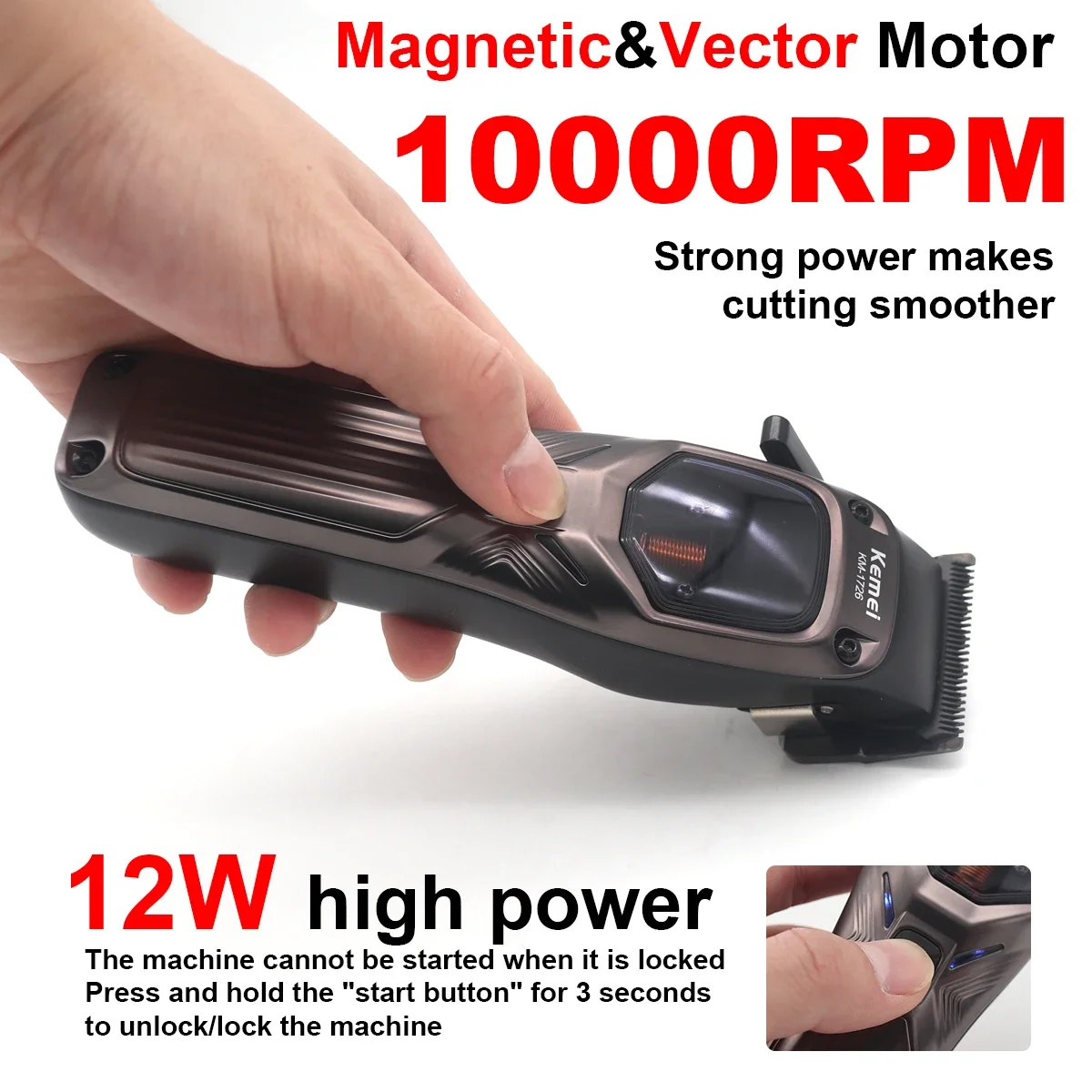 KEMEI KM-1726 Hair Clippers Men Professional with DLC Blade 10000RPM Magnetic Vector Motor Professional Hair Cutting Machine