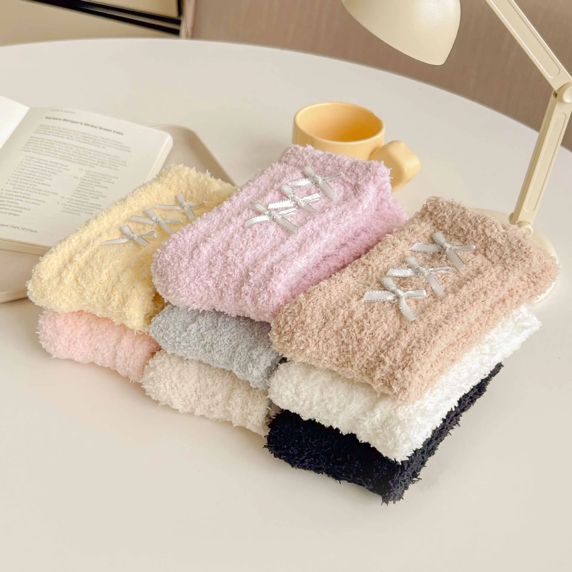 Autumn Winter Warm Coral Fleece Bowknot Woman Socks Sweet Lolita Plush Middle Tube Socks Home Sleeping Floor Socks Cute Socks