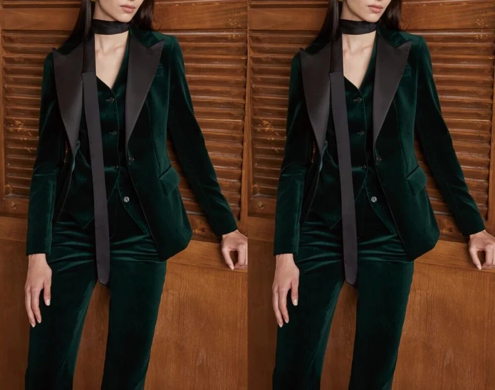 Green Velvet Women Suits Slim Fit 3Pieces Prom Outfits Ladies Office