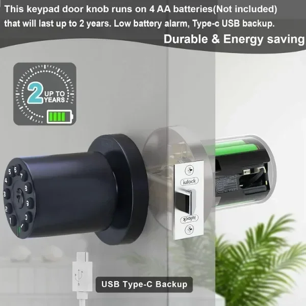 IU-20 Code Door Lock, Electronic Door Knob with Keypad and Key, Auto Lock, Waterproof, Passage Function, Long Battery Life