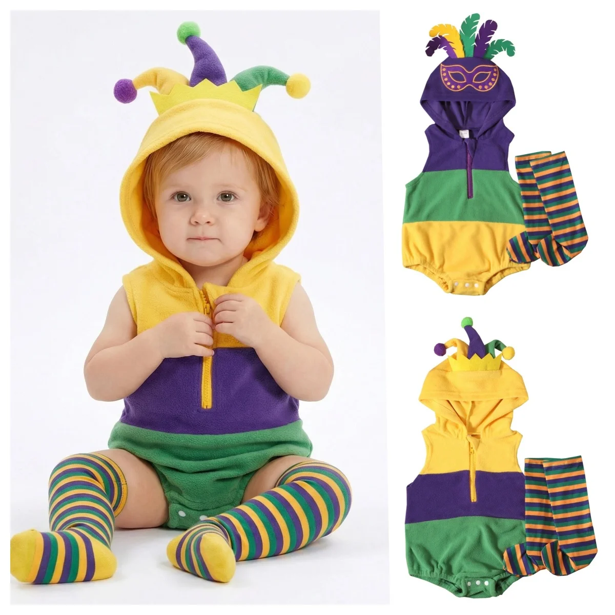 

Baby Mardi Gras Costume Romper with Socks, Newborn Infant Hooded Jumpsuit with Feather Mask, Purple Green Gold Carnival Outfit