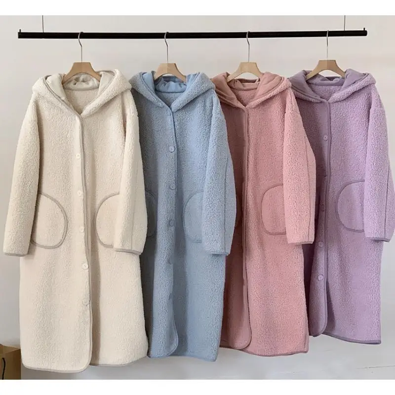 Womens Lamb Fleece Robe Warm Blanket Hooded Coat Winter New Homewear Dressing Gown Loose Casual Bathrobe Thickened Outerwear