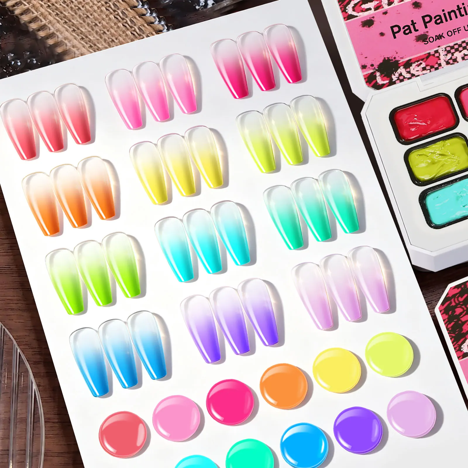 Ovanlee 9-Color Pat Painting Gel Kit – Neon Gradient Sponge Gel Polish Palette, Highly Pigmented Soak-Off UV/LED Gel for Ombre & Blooming Nail Art, Y2K Box Design