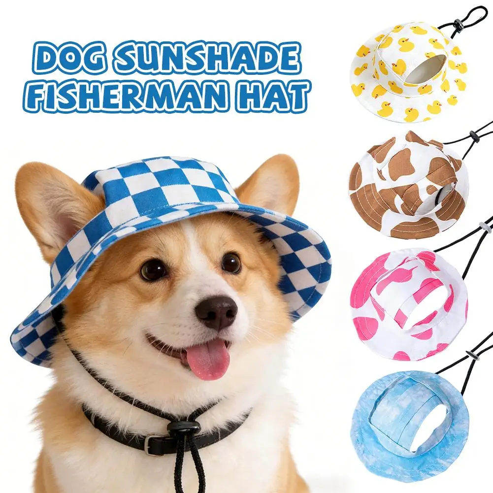 Printed Pet Fisherman Hat With Ear Holes Adjustable Chin Strap Summer Sun Protection Bucket Cap Headwear For Small Medium Puppy