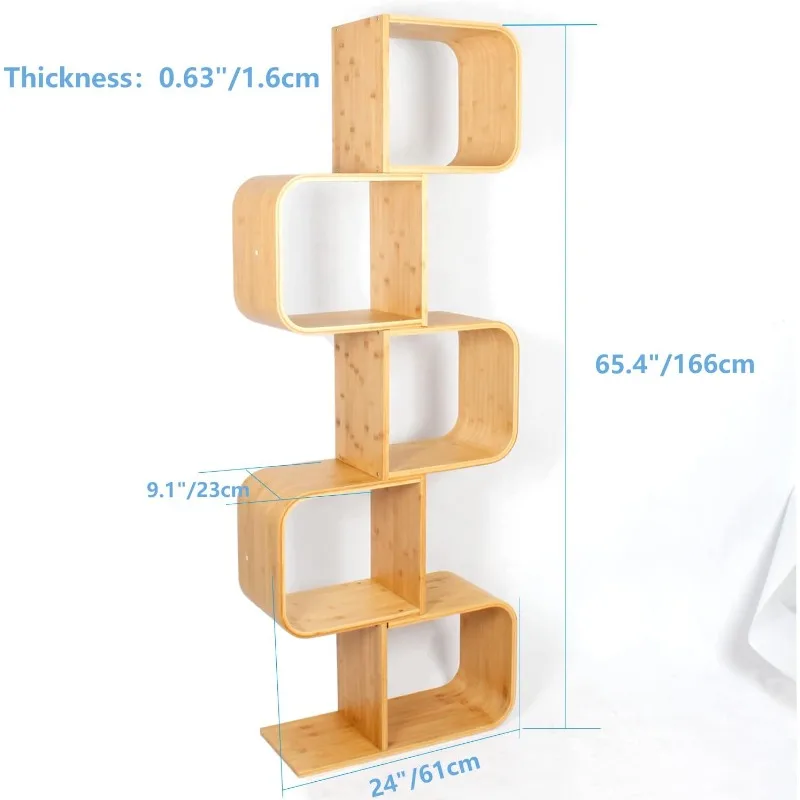 2025 5-Tier S-Shaped Geometric Modern Bamboo Bookshelf  2 in 1 Bookcase Storage CDs, DVDs Book Shelf for Home,  Living Room