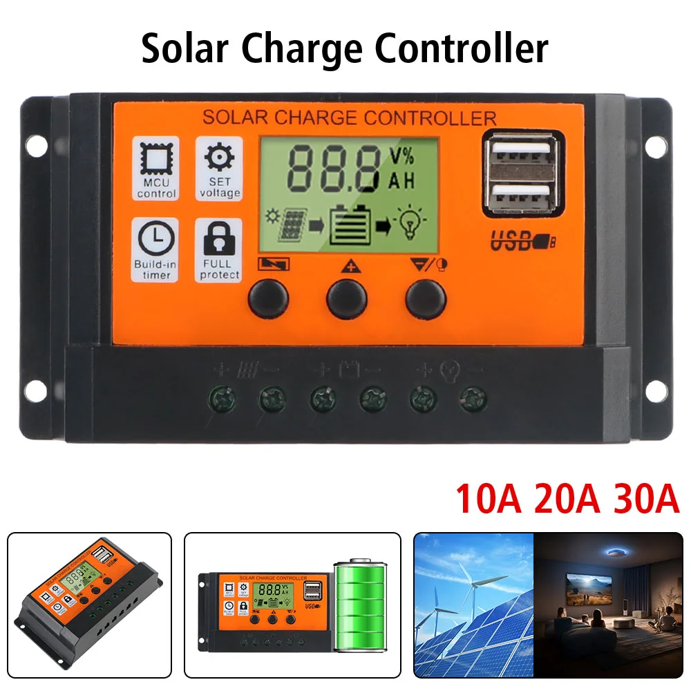 Colorful Screen Automatic Recognition Of Solar Controller 10A 20A 30A 12V 24V PV Regulator LCD Display Accessory Built-in Timer