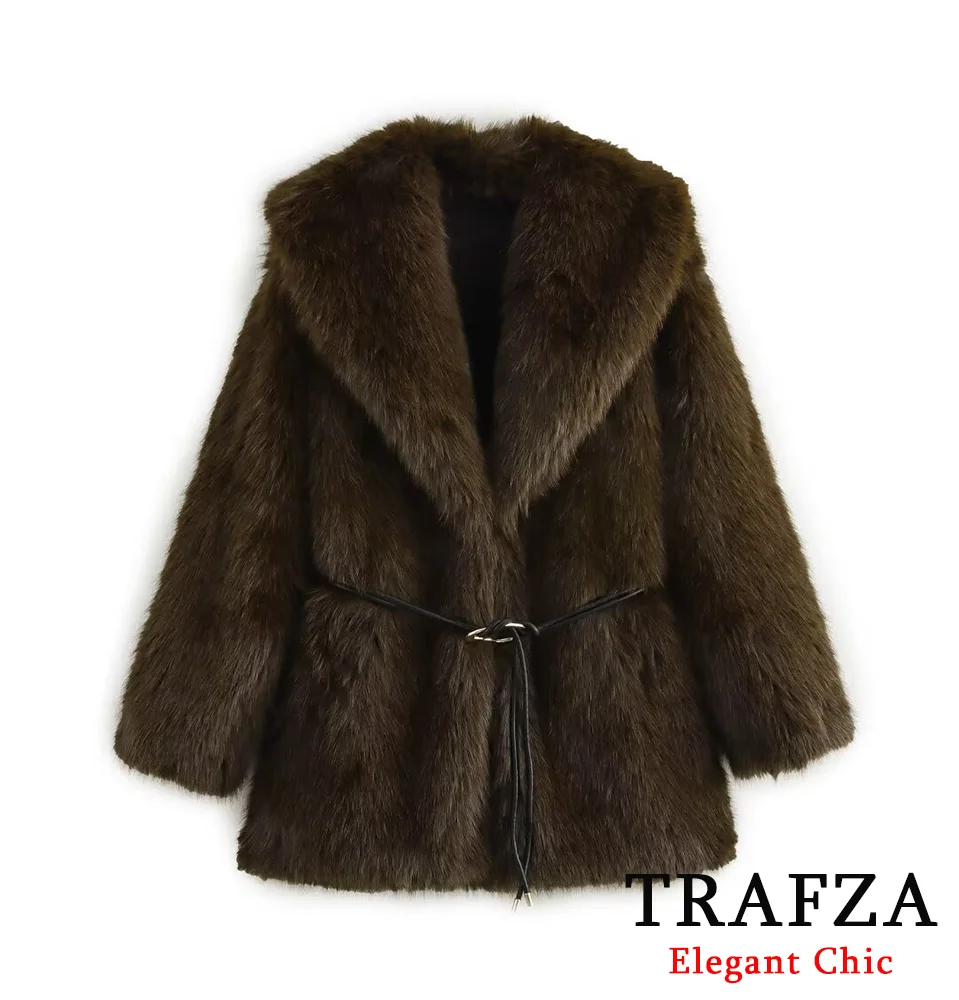 Trafza feminino vintage pele-efeito com cinto casaco lapela pele do falso casaco desgrenhado novo 2024 outono inverno high street glamouroso casaco