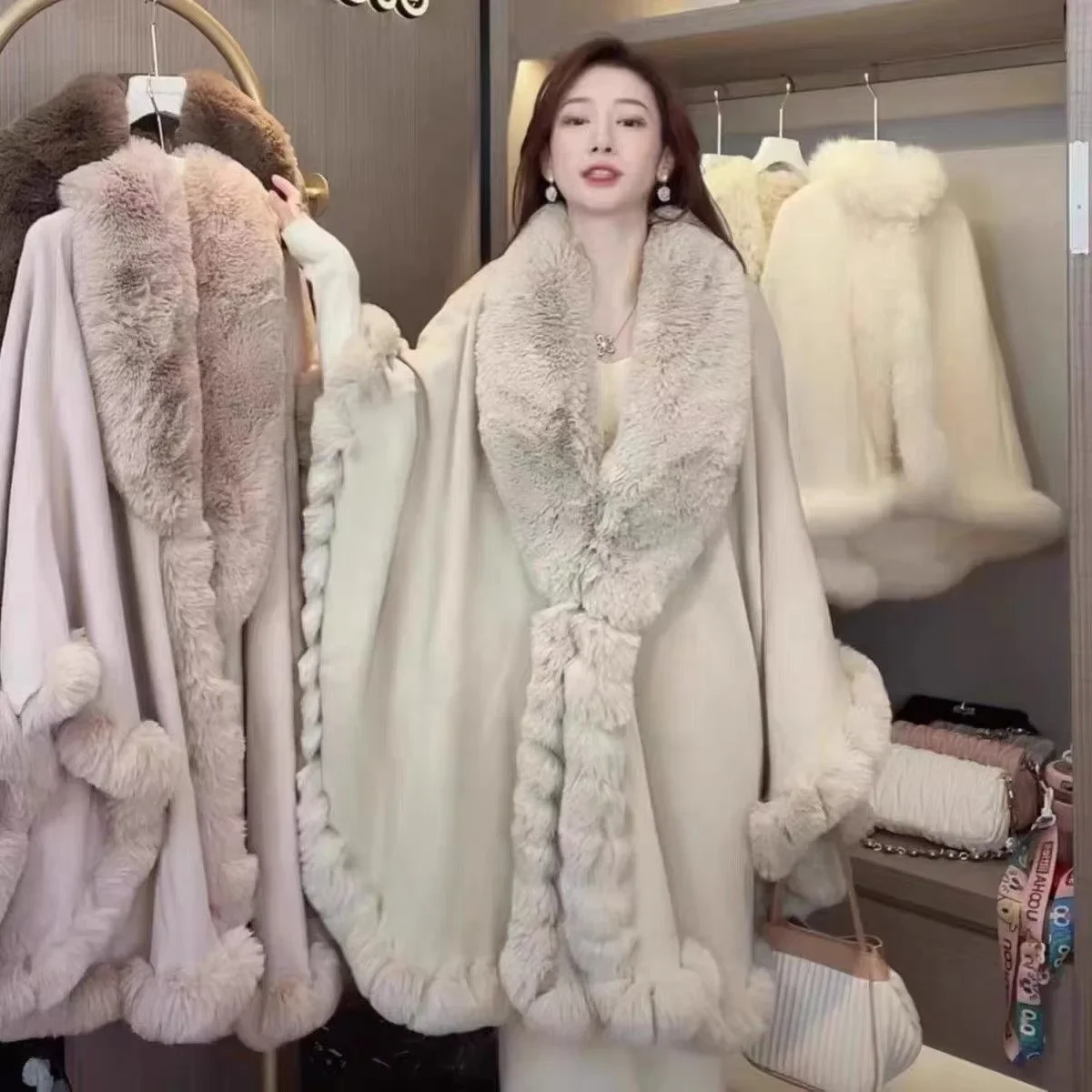 High Quality Banana Large Fur Collar Poncho Cape Shawl 2022 Autumn Winter Women\'s Knitted Faux Rabbit Fur Large Size Coat