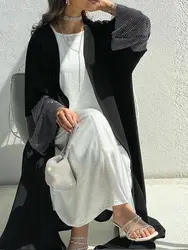 Musulmano Ramadan Eid aperto Kimono Abaya Kimono cappotto abito musulmano per le donne Islam Retro elastico perforazione rete abbigliamento per la festa