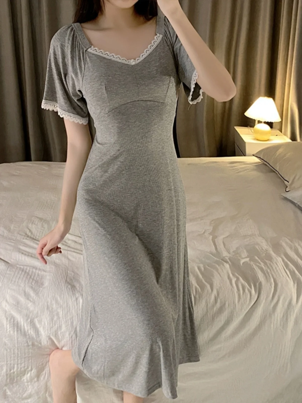 

Modal Cotton Nightgown Women's Summer New Sexy Short Sleeve with Chest Pad Pure Desire Long Lace Home Clothes Sleepwear