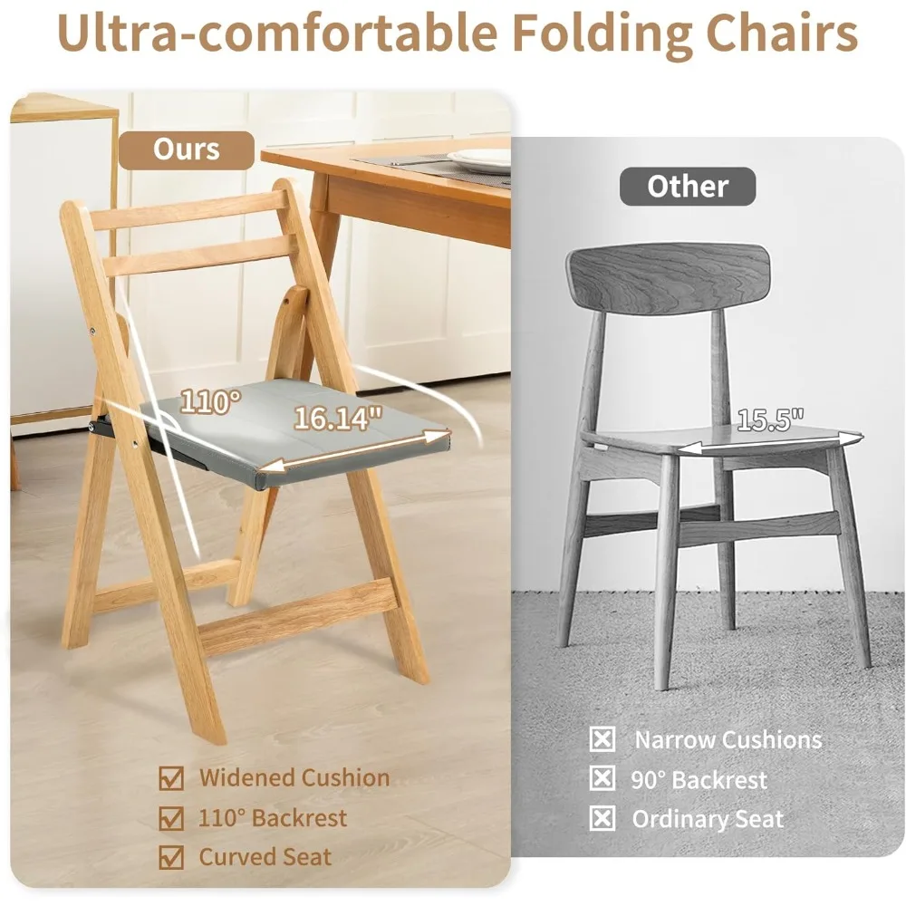 Sedie pieghevoli con cuscino, sedie pieghevoli imbottite in legno, confezione da 2, sedia da pranzo pieghevole portatile e assemblata