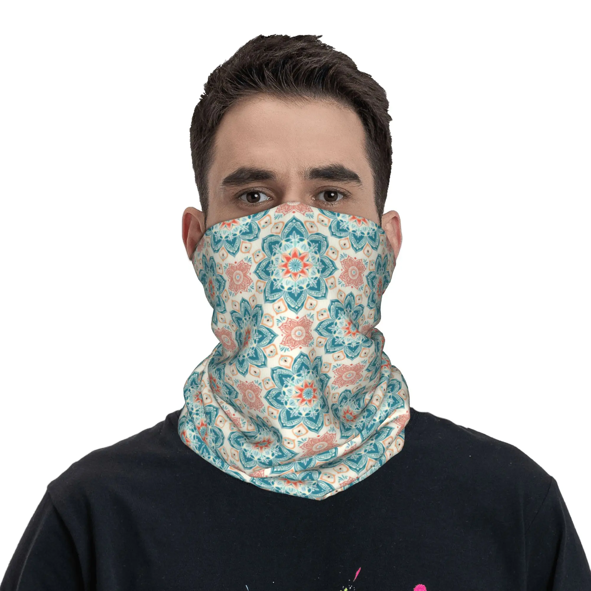 

Turquoise Coral Ethnic Mandala Print Neck Gaiter Women Men UV Face Shield Winter Bandana Scarf for Ski