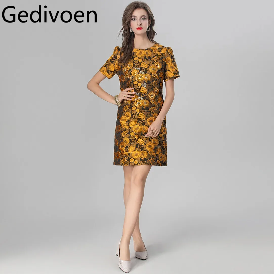 Gedivoen Fashion Design Abito estivo da donna Jacquard Perline Cristallo Manica corta High Street Mini abiti arancioni