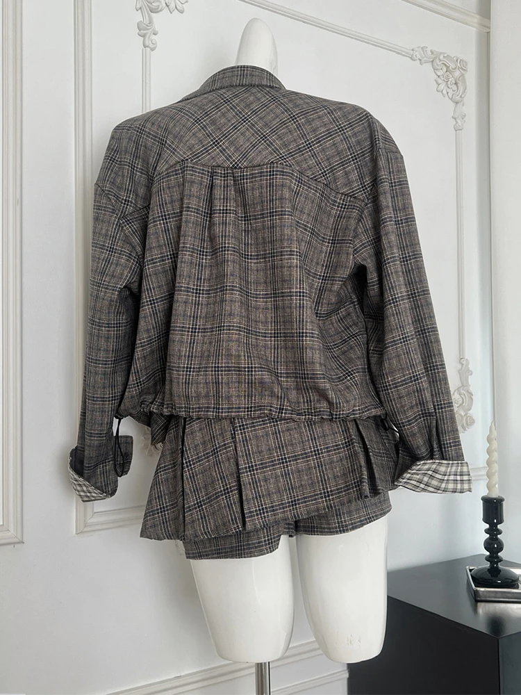 Autumn Winter Women 2000s Aesthetic Plaid Old Money Suit Preppy Outfits 2 Piece Set Vintage Shirts Jacket + Mini Pleated Skirt