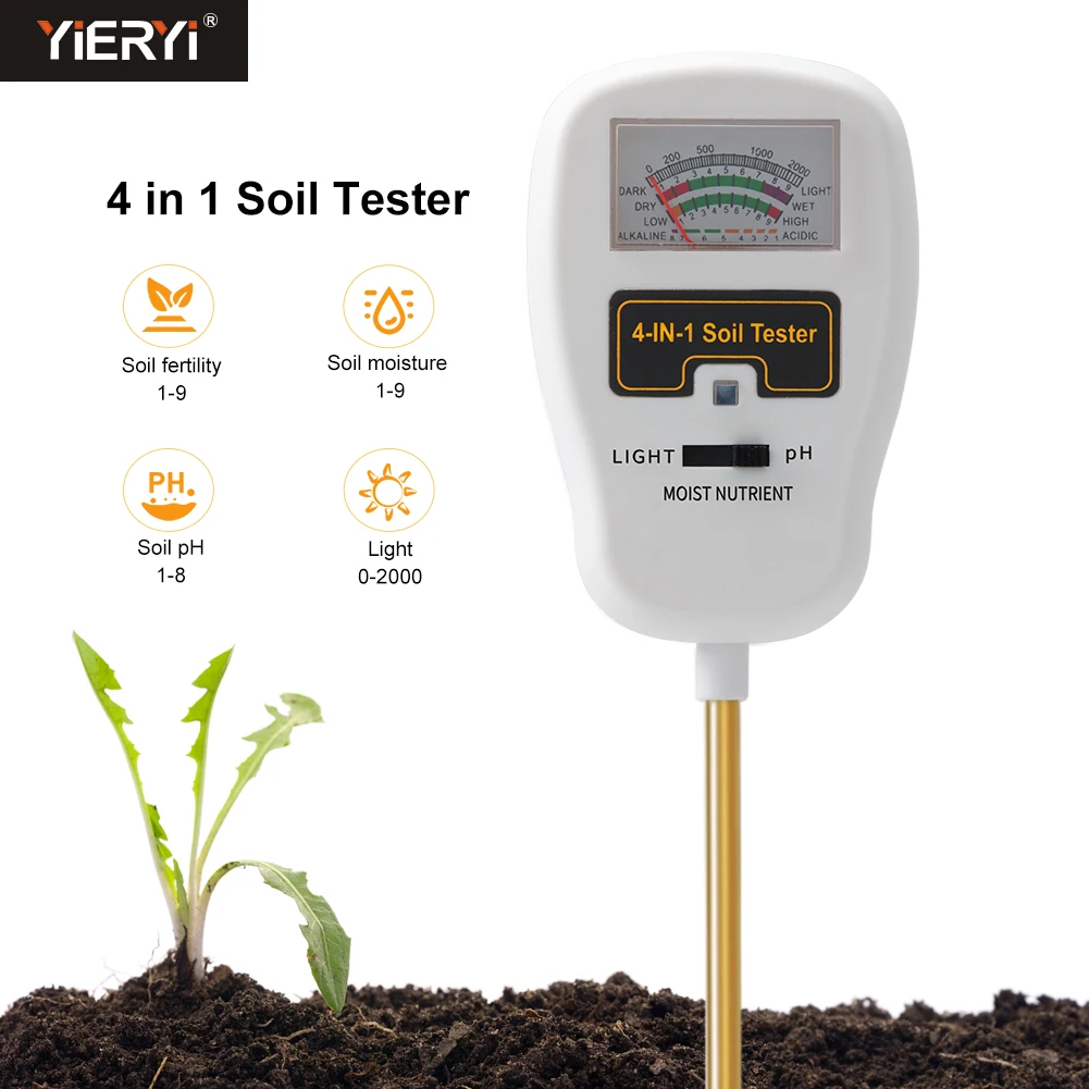 Yieryi 4-in-1 Soil PH Meter Light Nutrients Moisture pH Tester Kit for Plants Gardening Farming Indoor Outdoor Use No Battery