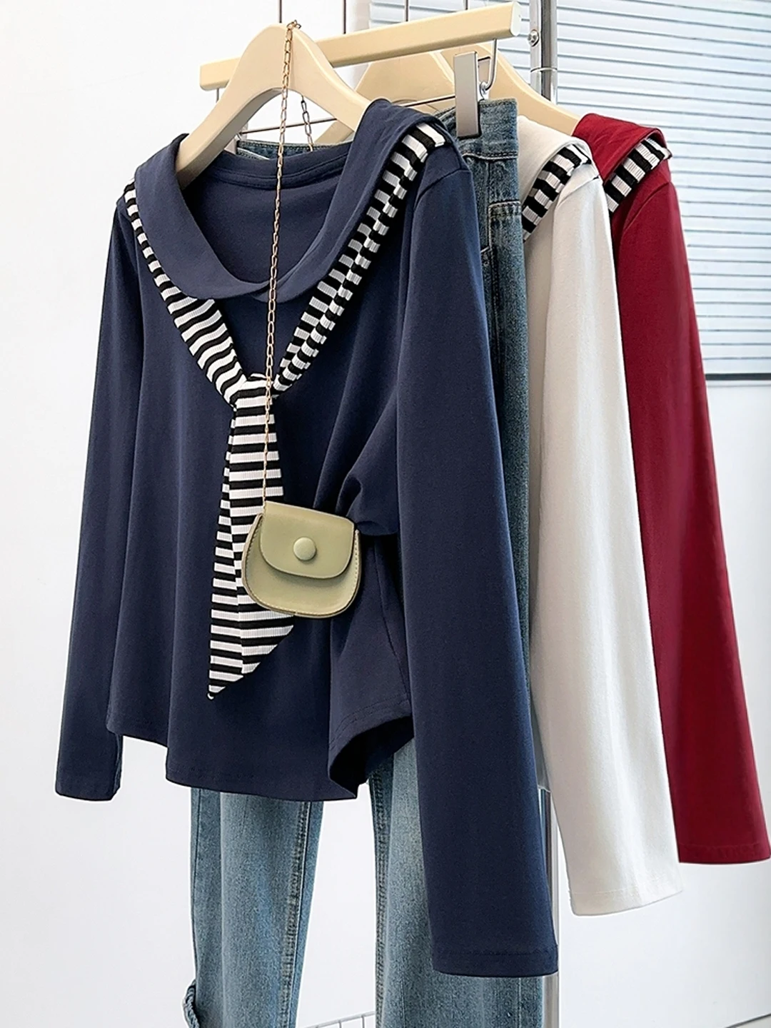 Striped Shoulder Wrap Long Sleeve T-Shirt Base Shirt Women Spring Autumn plus Size Fashionable Slimming Fake Two-Piece Top