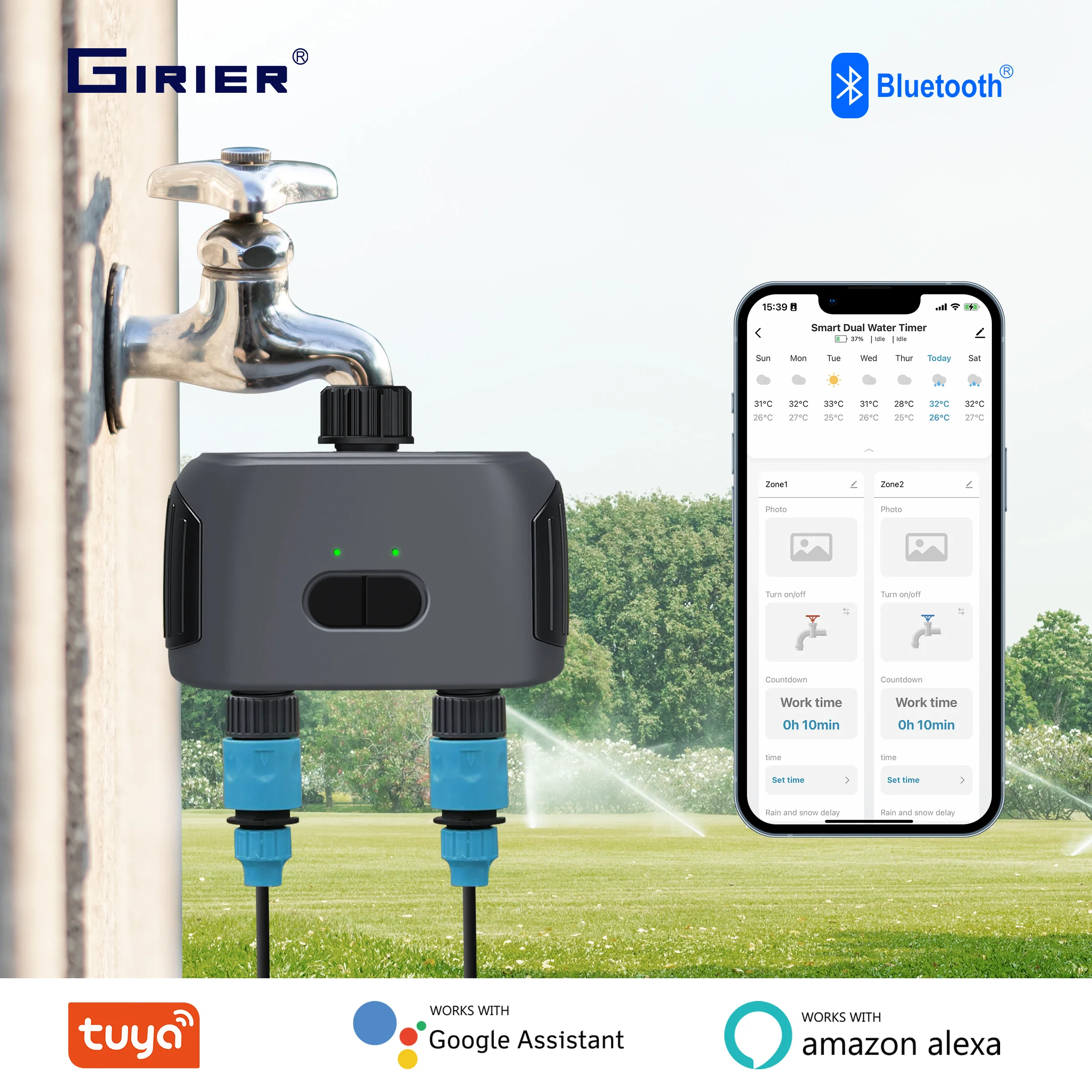 GIRIER Tuya Smart Water Timer Programmable Sprinkler Timer with 2 Outlets for Automatic Irrigation System Works Alexa Hey Google