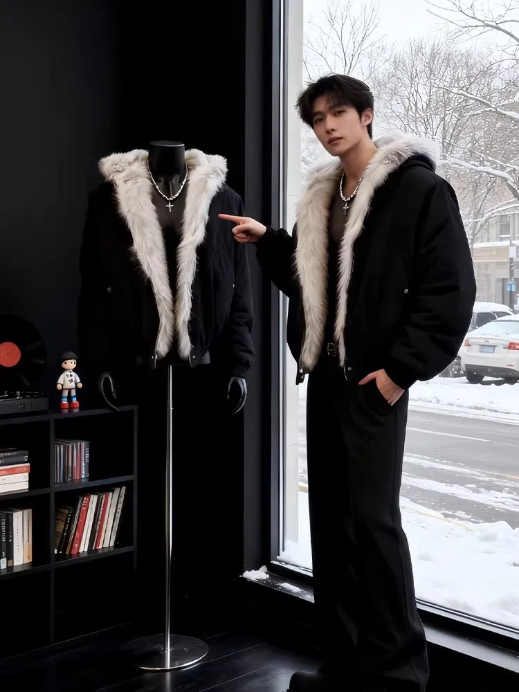 

Men's ort Thiened Fce Lined Cotton Jaet Bla Fur Collar Winter Warm Casual Sle Zipper Closure Hooded Coat for Cou...