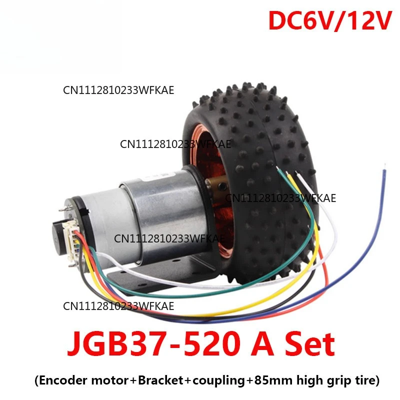 JGB37-520 Hall Encoder DC Motor+85mm Large Tire with Bracket for Speed Measurement Intelligent Small Car Set DC6V 12V 6~1590RPM
