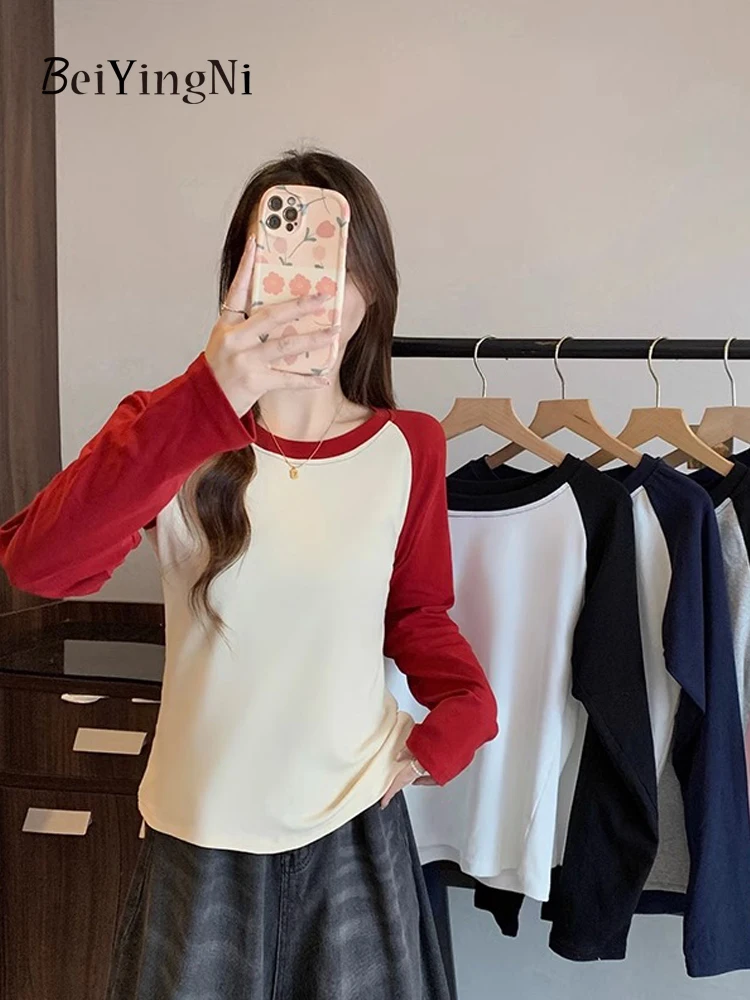 Beiyingni 2024 Autumn New Fashion Long Sleeve T-shirt Women Spell Color Slim Fit Basic Korean Top Female Stretched Casual Tshirt