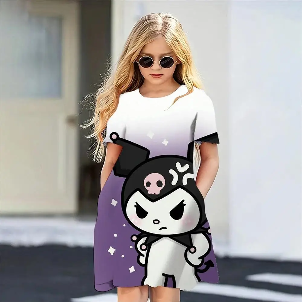 MINISO Girls Summer Dress Fashion Cartoon Cute Kuromi 3D Printed Women Dresses Girls manica corta Princess Dress abbigliamento per ragazze