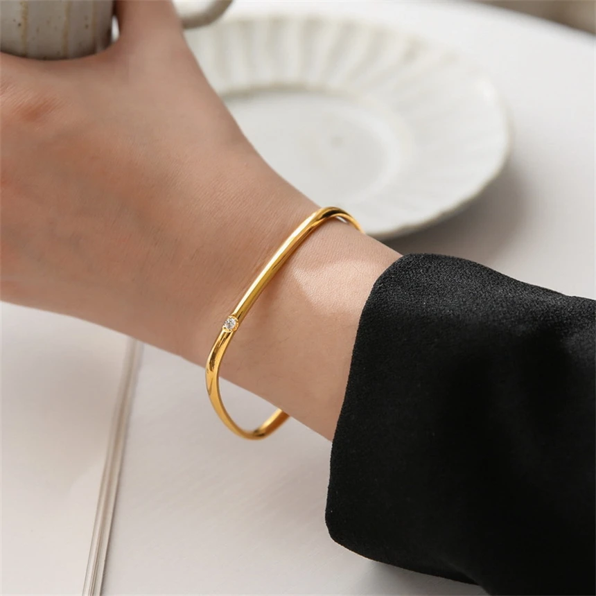 316L Stainless Steel Single Zircon Square Shape Simple Versatile Bracelets For Women Fashion Fine Jewelry Gift SAB650