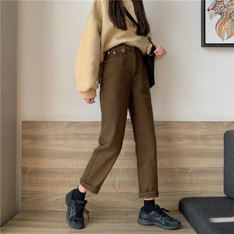 Korean Style Jeans Brown Women\'s New Niche Loose Jeans with Wide Legs for Straight High-Waisted Fashion Pants