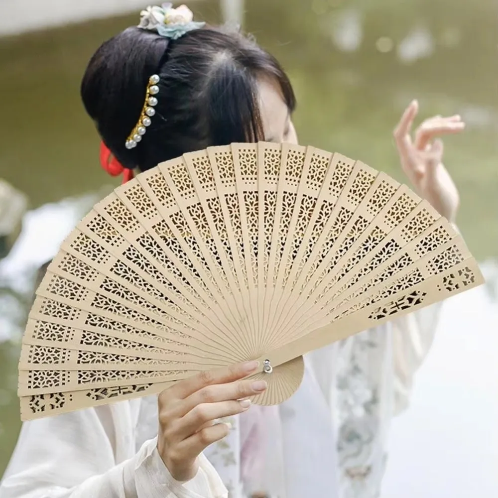 Bamboo Material Handheld Bamboo Fan Hollow Design Folding Structure Folding Fan Handheld Size Wooden Handle Home Decoration Fan