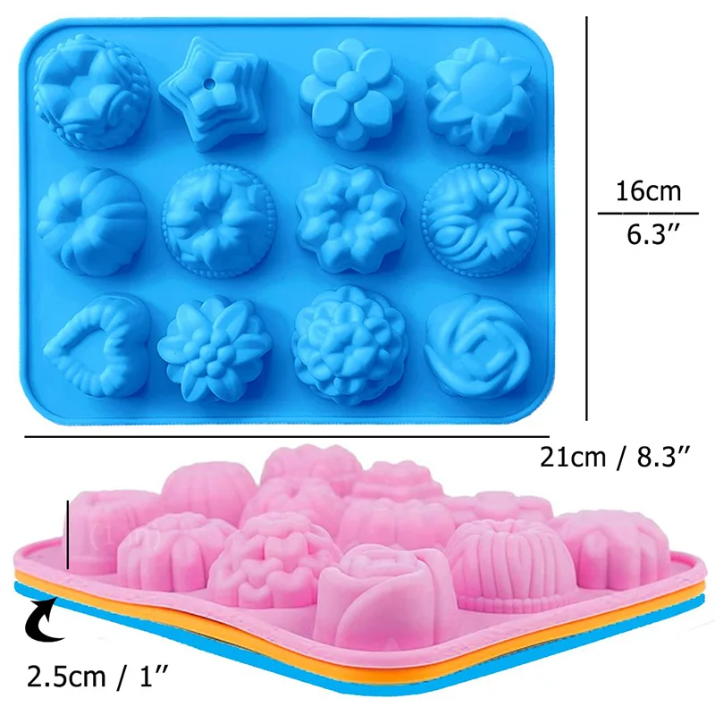 12-Cavity Silicone Flower Molds Non-Stick Jello Mold Baking Pans Ice Cube Trays for Kitchen Making Candy Chocolate Muffin Jelly