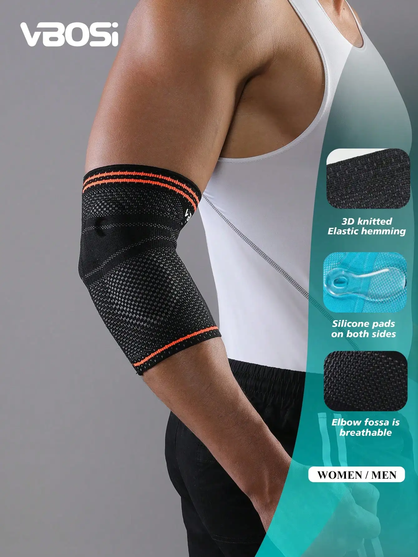 

VBOSI 1pc 3D Knitted Elbow Support With Dual Silicone Pads, Breathable Elbow Pit And Elastic Edges, Suitable For Sports