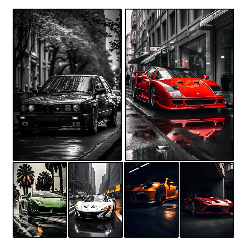 Black White Luxury Car Canvas Painting Super Cars Posters Print Mural Pictures Living Room Home Aesthetic Wall Art Decor Cuadros