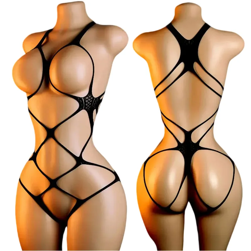 Porn Transparent Fishnet Women Bodystockings Sexy Crotchless Lingerie Erotic Outfit Sex Stretch Mesh Hollow Underwear Bodysuit