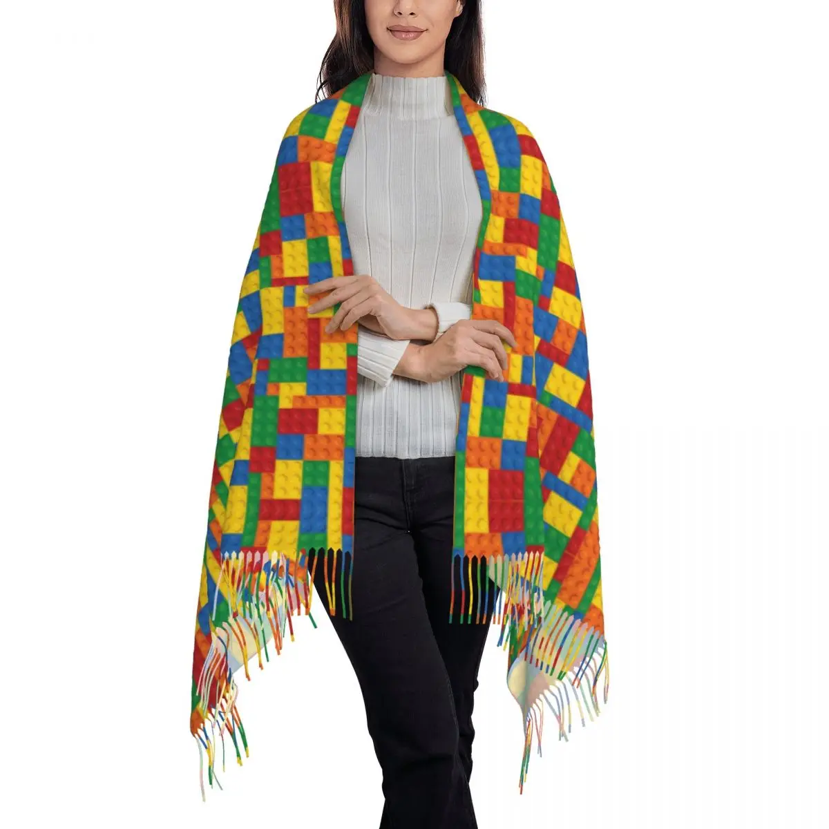 مكعبات ألعاب البناء وشاح شرابة الأوشحة للنساء شالات دافئة ناعمة ويلتف شال كبير للخريف والشتاء #2