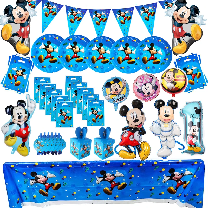 Blue Mickey Mouse Disney Theme Decoration Paper Plates Cups Banner Foil Balloons Baby Shower Kids Toys Birthday Party Supplies