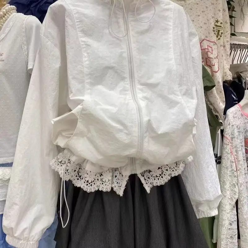 Spring Summer Zipper Sweatshirt Women New Patchwork Lace Lightweight Sun-protective Jacket Long-sleeved Jacket Harajuku Tops