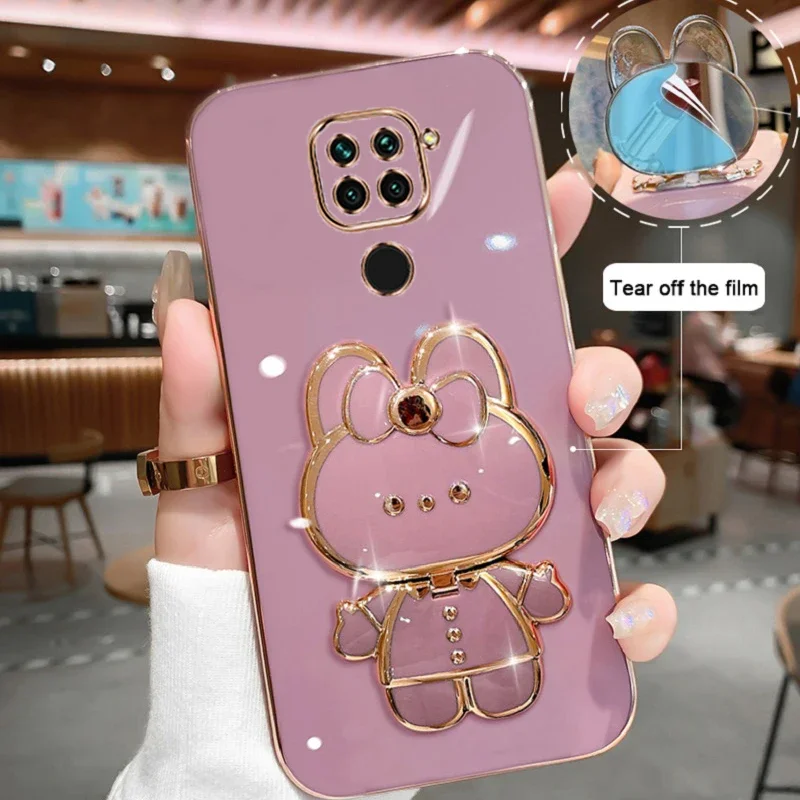 For Xiaomi Redmi Note 9 4G Phone Case Soft Silicone Solid Color Plating Cartoon Rabbit Fold Stand Makeup Mirror Bracket Cover