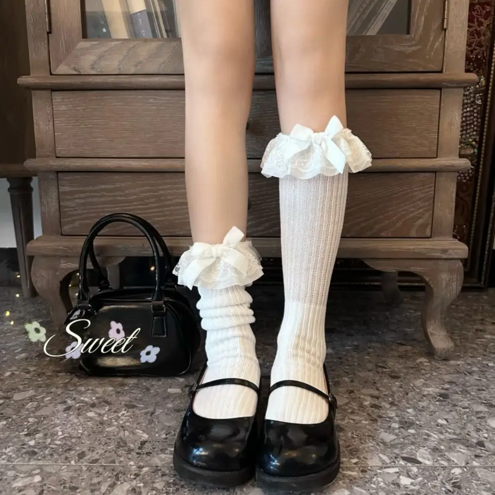 Sweet Loose Lace Ruffle Socks Bowknot Lolita Knitted Mid Calf Socks JK Hosiery Women Stockings Uniform