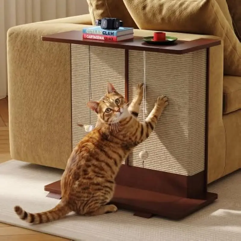 Scratch-Resistant End Table with Dual Sisal Panels and Hanging Toys for Cats – Space-Saving Sofa Companion with Stylish Neutral