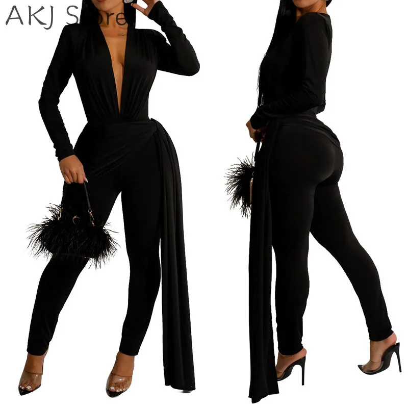 

Women Sexy Solid Color Deep V Long Sleeve Skinny Jumpsuit