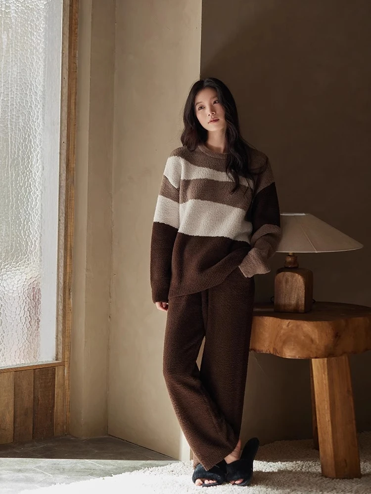 Новая осенне-зимняя женская домашняя одежда, модный и простой толстый теплый комплект одежды для сна с круглым вырезом