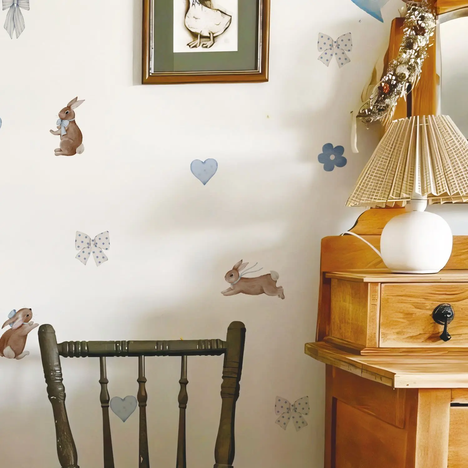 ملصقات حائط على شكل أرنب ليبرتي، ملصقات حائط لاصقة على شكل أرنب بألوان مائية لطيفة وجميلة لغرفة الفتيات، ديكور قابل لإعادة الاستخدام