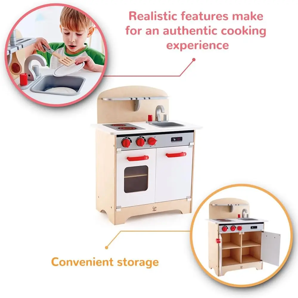 Gourmet Kitchen Toy Fully Equipped Wooden Pretend Play Kitchen Set with Sink, Stove, Baking Oven, Cabinet, Turnable Knobs & Spic